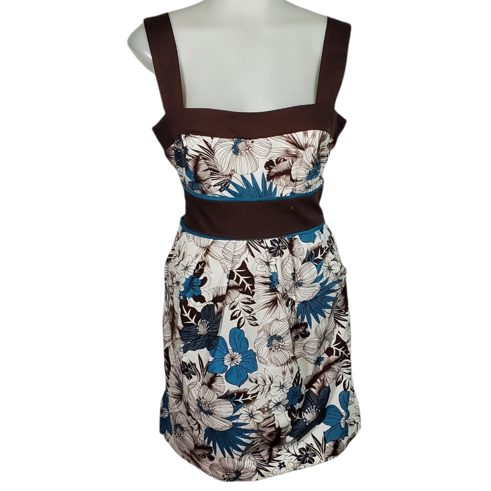 SPEECHLESS Floral Brown and Teal Dress with POCKETS and Tie Back Size 9